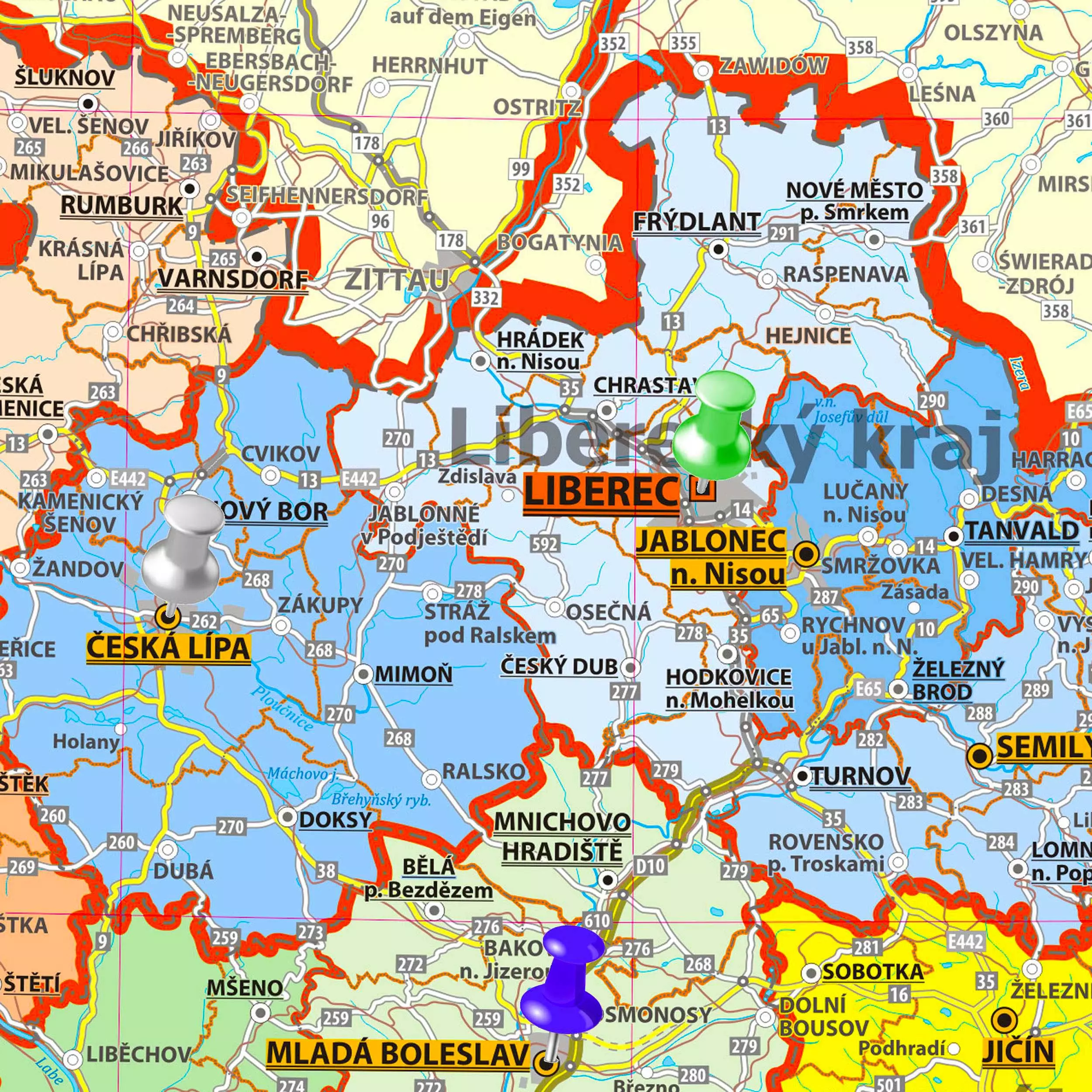 ČR - administrativní mapa připínací
